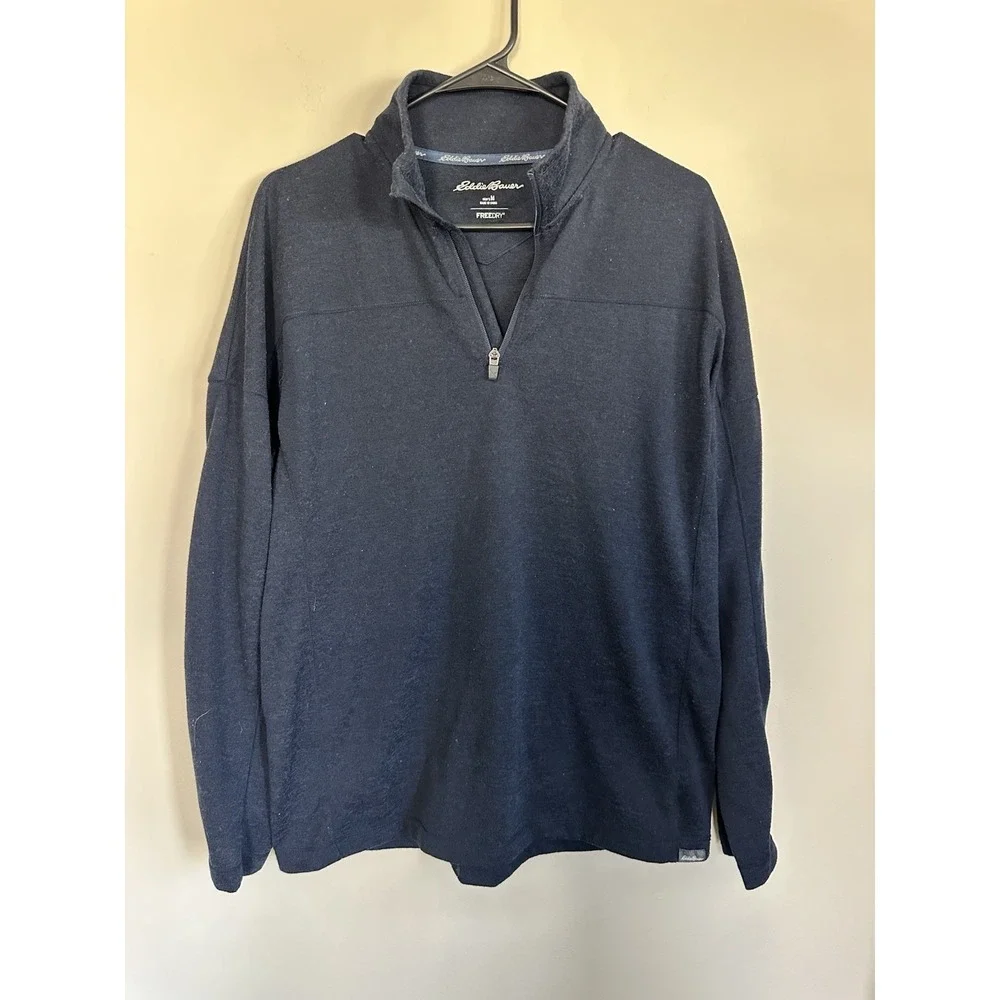 Eddie Bauer MEDIUM Mens 1/4 Zip Pullover Fleece Heather Navy Blue Outdoor Layers
